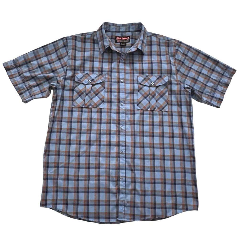 Blac Lacquer Plaid 4XL Button Up Camp Shirt Blue Orange Big & Tall Short Sleeve